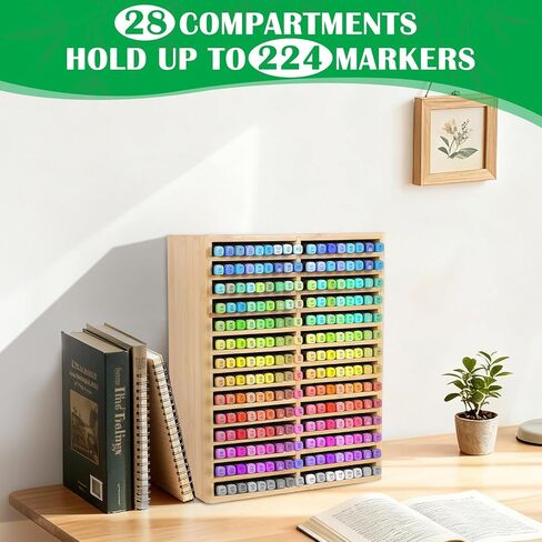 Bamboo Marker Organizer for 224 Markers, Alcohol Marker Storage Organizer with 28 Compartments, Desktop Marker Holder for Art Markers, Brush Pens, Pencils in Saudi Arabia