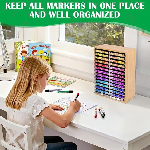 Bamboo Marker Organizer for 224 Markers, Alcohol Marker Storage Organizer with 28 Compartments, Desktop Marker Holder for Art Markers, Brush Pens, Pencils in Saudi Arabia