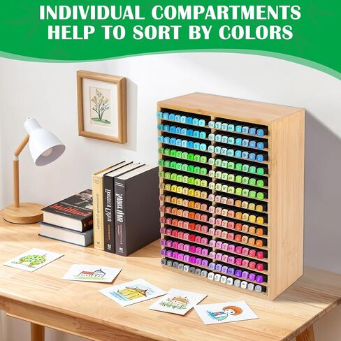 Bamboo Marker Organizer for 224 Markers, Alcohol Marker Storage Organizer with 28 Compartments, Desktop Marker Holder for Art Markers, Brush Pens, Pencils in Saudi Arabia