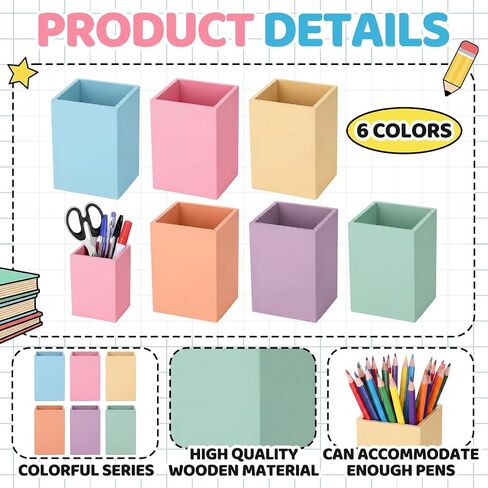 Ctosree 6 Pcs Pastel Wooden Pencil Holder Back to School Pastel classroom Decor Desk Organizer Cute Storage Caddy for Office Home Multicolor School Organizer Supply in Kuwait
