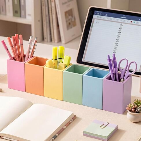 Ctosree 6 Pcs Pastel Wooden Pencil Holder Back to School Pastel classroom Decor Desk Organizer Cute Storage Caddy for Office Home Multicolor School Organizer Supply in Kuwait