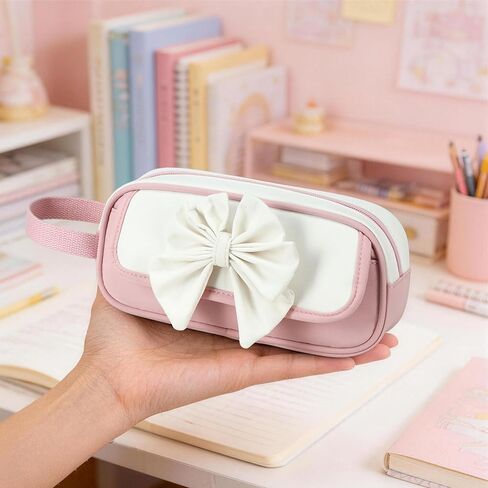 AO ALI VICTORY Cute 3D Bowknot Pencil Case for Girls, Large Capacity Waterproof Pencil Pouch with Wrist Strap, Pink-White Stationery Bag for School (Pink) in Kuwait