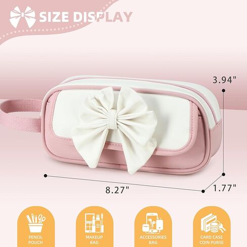 AO ALI VICTORY Cute 3D Bowknot Pencil Case for Girls, Large Capacity Waterproof Pencil Pouch with Wrist Strap, Pink-White Stationery Bag for School (Pink) in Kuwait