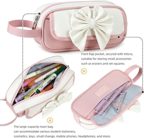 AO ALI VICTORY Cute 3D Bowknot Pencil Case for Girls, Large Capacity Waterproof Pencil Pouch with Wrist Strap, Pink-White Stationery Bag for School (Pink) in Kuwait