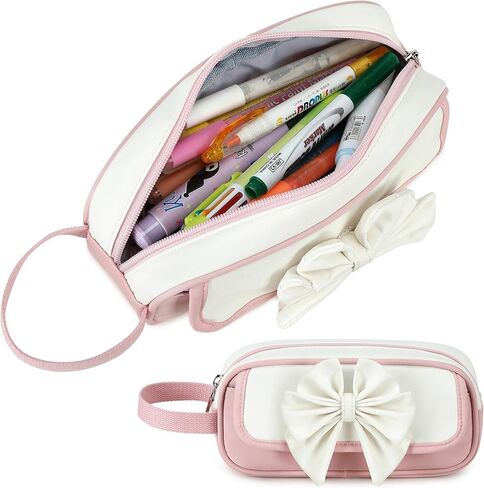 AO ALI VICTORY Cute 3D Bowknot Pencil Case for Girls, Large Capacity Waterproof Pencil Pouch with Wrist Strap, Pink-White Stationery Bag for School (Pink) in Kuwait