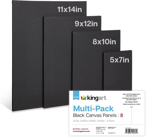 KINGART 880-8 Black 8 Pc. Multi-Size Artist Canvas Boards, Gesso Primed - 100% Cotton Rectangular Boards, Art Supplies for Oil and Acrylic Paint, 2 Ea. 5x7, 8x10, 9x12, 11x14 in Saudi Arabia