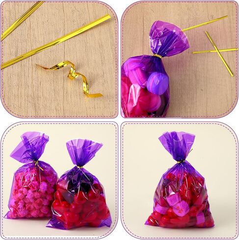 Qulkws 50 Pcs Purple Plastic Treat Bags 6x9 Inch Resealable Candy Favor Bags Gift Plastic Bag with Ties for Candy Bakery Popcorn Cookies Party Favors in Kuwait