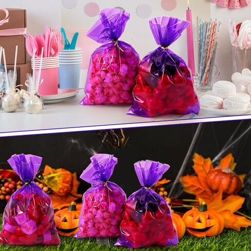 Qulkws 50 Pcs Purple Plastic Treat Bags 6x9 Inch Resealable Candy Favor Bags Gift Plastic Bag with Ties for Candy Bakery Popcorn Cookies Party Favors in Kuwait