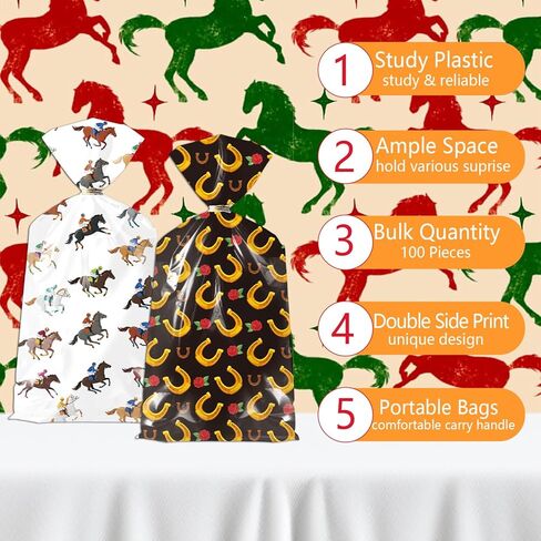 RAXFLY 100 Pcs Horse Goodie Bags, Western Horse Racing Cellophane Candy Bags with Gold Ties, Cowboy Party Treat Bags for Birthday Party Supplies in Saudi Arabia