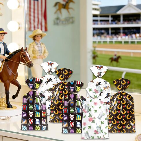 RAXFLY 100 Pcs Horse Goodie Bags, Western Horse Racing Cellophane Candy Bags with Gold Ties, Cowboy Party Treat Bags for Birthday Party Supplies in Saudi Arabia