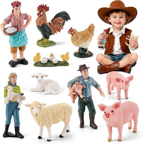 Realistic Farm Animal Figurines,10Pcs Barn Toys with Farmer Figures, Pig, Sheep, Chicken Rooster Animal Toys Figures for Kids, Farm Playset Educational Learning Animal Toys for Toddlers Kids in Saudi Arabia