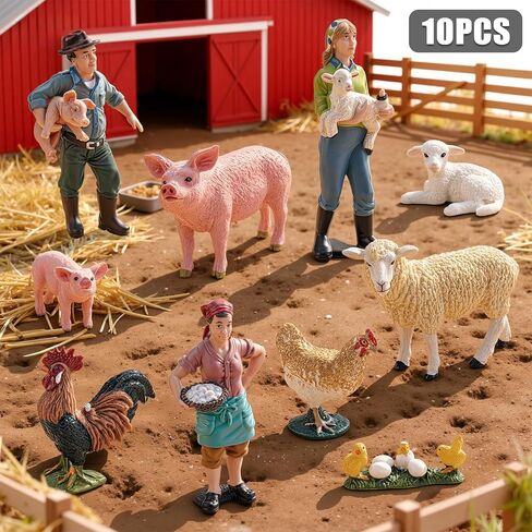 Realistic Farm Animal Figurines,10Pcs Barn Toys with Farmer Figures, Pig, Sheep, Chicken Rooster Animal Toys Figures for Kids, Farm Playset Educational Learning Animal Toys for Toddlers Kids in Saudi Arabia