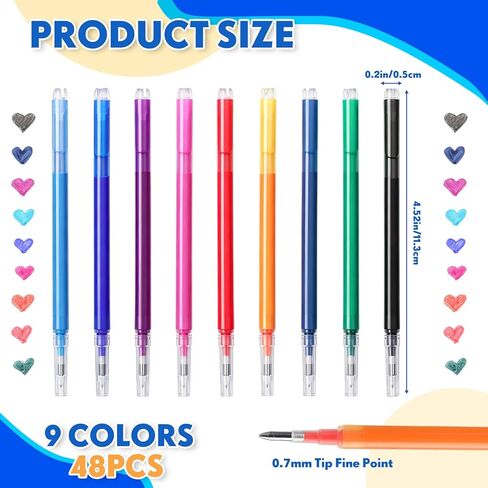 Marspark 48 Pcs 0.7mm Erasable Gel Ink Pen Refills Compatible with Frixion Pen, Erasable Smooth Writing Fine Point Refill for Art Drawing Writing School Office Home Supplies (9 Assorted Colors) in Kuwait