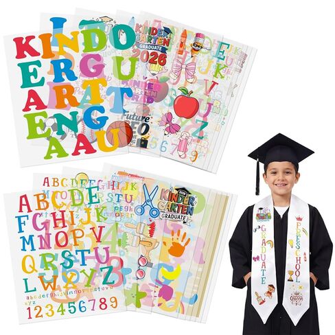 Marspark 18 Pcs 2026 Kids Preschool Kindergarten Graduation Stole Iron-on Letter Set DIY Customize Graduation Stole Heat Transfer Vinyl Decals for Grad Shirts Caps Stoles Preschool Party Supplies in Kuwait