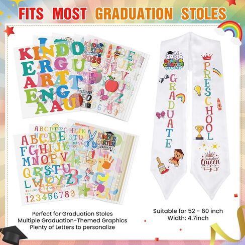 Marspark 18 Pcs 2026 Kids Preschool Kindergarten Graduation Stole Iron-on Letter Set DIY Customize Graduation Stole Heat Transfer Vinyl Decals for Grad Shirts Caps Stoles Preschool Party Supplies in Kuwait