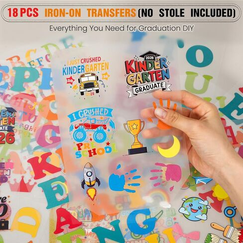 Marspark 18 Pcs 2026 Kids Preschool Kindergarten Graduation Stole Iron-on Letter Set DIY Customize Graduation Stole Heat Transfer Vinyl Decals for Grad Shirts Caps Stoles Preschool Party Supplies in Kuwait