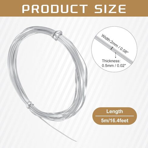 uxcell 2mm Aluminum Craft Flat Wire,16Ft 0.5mm Thickness Bendable Metal Floral Jewelry Beading Armature Wire for Sculpting Armature DIY Jewelry Making, Silver Tone in Kuwait