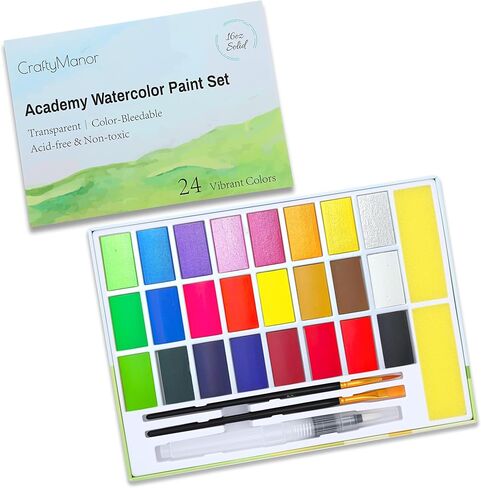 24 Colors Large Block Watercolor Paint Set for Watercolors Workbook, Portable Water Colors Paint Kit with 2 Paintbrushes 1 Waterbrush, for Adult Painting Beginners & Professional Amateur Hobbyists in Saudi Arabia