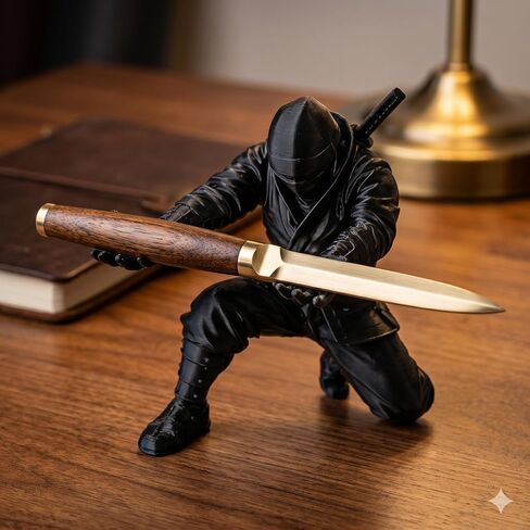 3D Printed Kneeling Warrior Pen Holder - Ninja Figurine Desk Stand for Fountain Pens, Apple Pencil, Cigars & Letter Openers | Unique Office Decor & Executive Gothic Gift for Men (Black) in Saudi Arabia