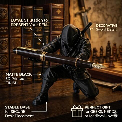 3D Printed Kneeling Warrior Pen Holder - Ninja Figurine Desk Stand for Fountain Pens, Apple Pencil, Cigars & Letter Openers | Unique Office Decor & Executive Gothic Gift for Men (Black) in Saudi Arabia