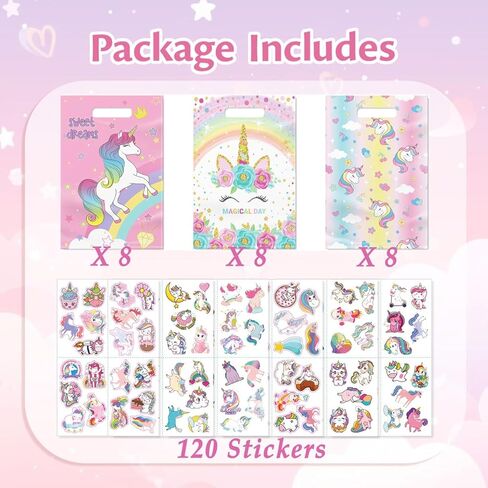 momoake Unicorns Party Favor Bags, 24 PCS Goodie Bgs with 120 Waterproof Vnyl Stickers for Kids Unicorns Birthday Decorations in Saudi Arabia