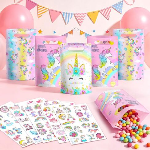 momoake Unicorns Party Favor Bags, 24 PCS Goodie Bgs with 120 Waterproof Vnyl Stickers for Kids Unicorns Birthday Decorations in Saudi Arabia