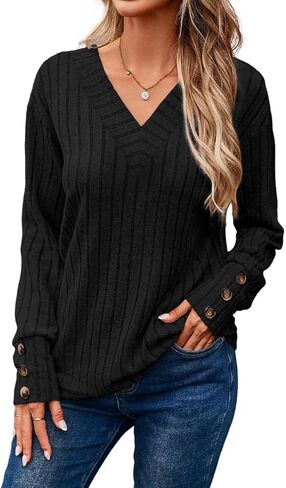Dokotoo Womens Soft Long Sleeve V Neck Shirts Solid Casual Decorative Buttons Knitted Pullover Tunic Tops in Saudi Arabia