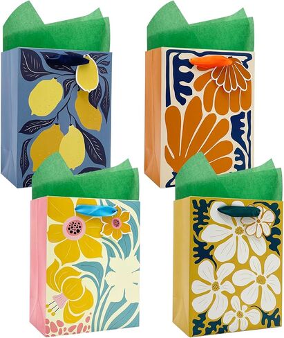 BIUBIU Floral Gift Bags 4 Pack 7"x4"x9" Small Size with Tissue Paper, 4 Assorted Flower Themed Patterns for Birthday, Wedding, Appreciation & Bridal Showers in Saudi Arabia