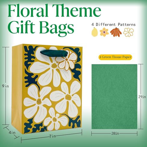 BIUBIU Floral Gift Bags 4 Pack 7"x4"x9" Small Size with Tissue Paper, 4 Assorted Flower Themed Patterns for Birthday, Wedding, Appreciation & Bridal Showers in Saudi Arabia