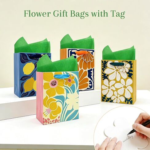 BIUBIU Floral Gift Bags 4 Pack 7"x4"x9" Small Size with Tissue Paper, 4 Assorted Flower Themed Patterns for Birthday, Wedding, Appreciation & Bridal Showers in Saudi Arabia