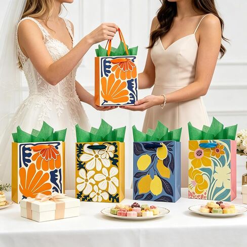 BIUBIU Floral Gift Bags 4 Pack 7"x4"x9" Small Size with Tissue Paper, 4 Assorted Flower Themed Patterns for Birthday, Wedding, Appreciation & Bridal Showers in Saudi Arabia