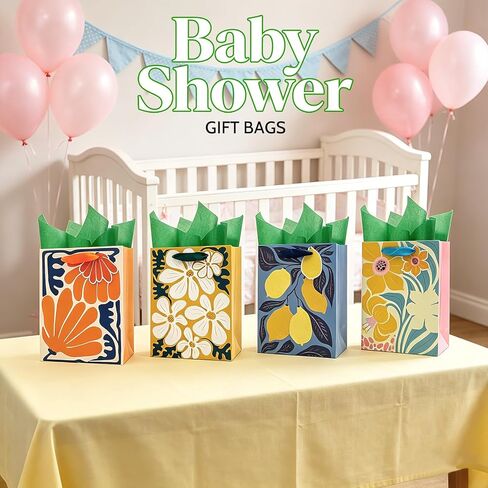 BIUBIU Floral Gift Bags 4 Pack 7"x4"x9" Small Size with Tissue Paper, 4 Assorted Flower Themed Patterns for Birthday, Wedding, Appreciation & Bridal Showers in Saudi Arabia