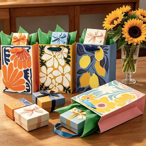 BIUBIU Floral Gift Bags 4 Pack 7"x4"x9" Small Size with Tissue Paper, 4 Assorted Flower Themed Patterns for Birthday, Wedding, Appreciation & Bridal Showers in Saudi Arabia