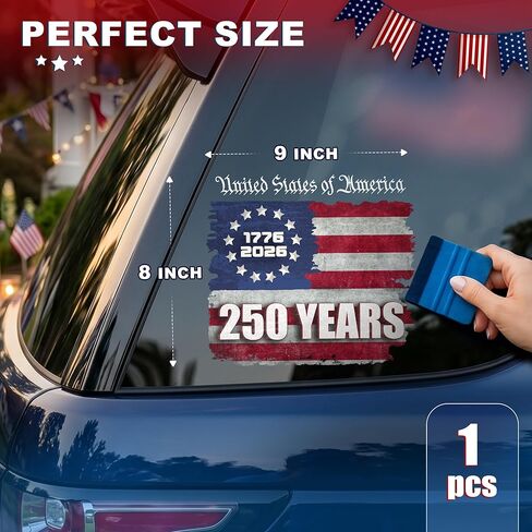 USA 250th Anniversary Car Decal, 1776–2026 American Flag Patriotic Stickers, United States Independence Commemorative Car Window and Bumper Decal, 9 x 8 Inches in Kuwait