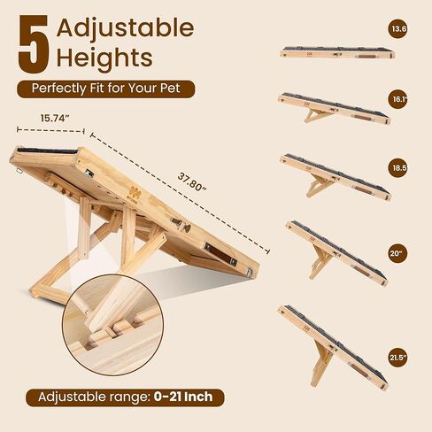 Adjustable Dog Ramp for Bed & Couch, 40.5 Inches Solid Wood Foldable Pet Ramp for All Dogs, Dog Bed Ramp with 5 Heights 10–24 Inches in Saudi Arabia