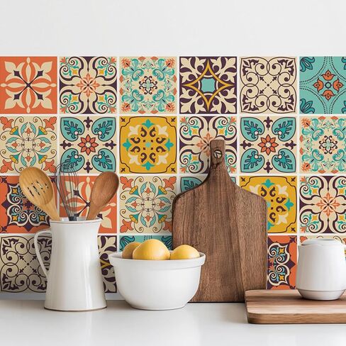 Vintage Moroccan Bohemian Tile Stickers Pack of 30 - Self Adhesive PVC Waterproof Wall Stickers, Kitchen and Bathroom Splash Board Decoration - 4x4 inches in Kuwait