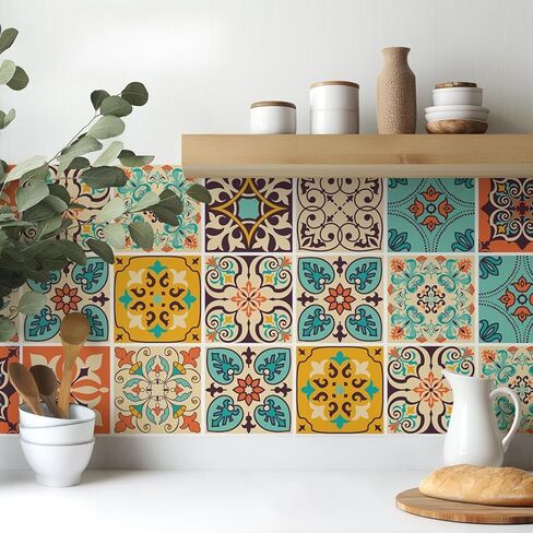 Vintage Moroccan Bohemian Tile Stickers Pack of 30 - Self Adhesive PVC Waterproof Wall Stickers, Kitchen and Bathroom Splash Board Decoration - 4x4 inches in Kuwait