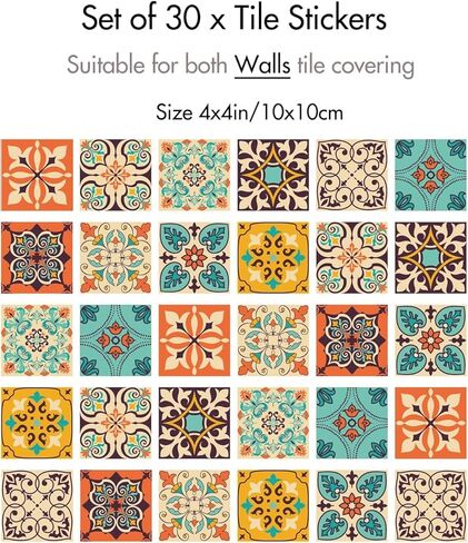 Vintage Moroccan Bohemian Tile Stickers Pack of 30 - Self Adhesive PVC Waterproof Wall Stickers, Kitchen and Bathroom Splash Board Decoration - 4x4 inches in Kuwait