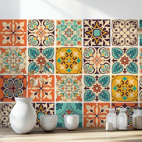 Vintage Moroccan Bohemian Tile Stickers Pack of 30 - Self Adhesive PVC Waterproof Wall Stickers, Kitchen and Bathroom Splash Board Decoration - 4x4 inches in Kuwait
