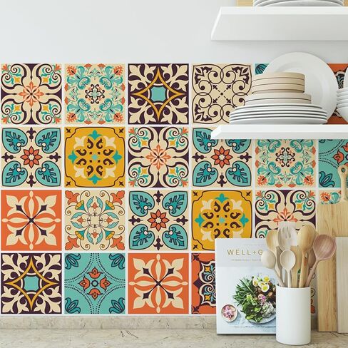 Vintage Moroccan Bohemian Tile Stickers Pack of 30 - Self Adhesive PVC Waterproof Wall Stickers, Kitchen and Bathroom Splash Board Decoration - 4x4 inches in Kuwait