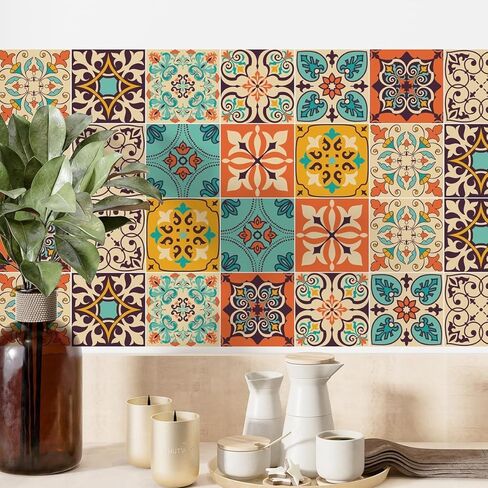 Vintage Moroccan Bohemian Tile Stickers Pack of 30 - Self Adhesive PVC Waterproof Wall Stickers, Kitchen and Bathroom Splash Board Decoration - 4x4 inches in Kuwait