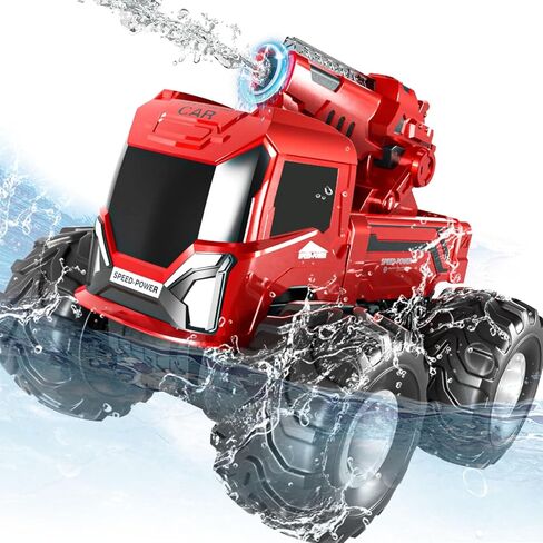 All Terrain Waterproof Monster Trucks for Boys, 3-in-1 Amphibious Remote Control Car / RC Boat / Water Gun, RC Rescue Fire Engine Truck with 2 Batteries, Birthday Gift Pool Toys for Kids Ages 6-10 in Saudi Arabia