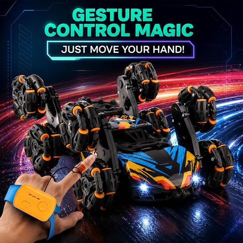 Gesture Sensing RC Stunt Car for Boys 6-12 — 8-Wheel Hand Controlled & Remote Control Drift Car, 360° Flips & Spins, 2 Rechargeable Batteries, LED Lights & Mist, Birthday Gift for Kids 6 7 8 9 10 11 in Kuwait