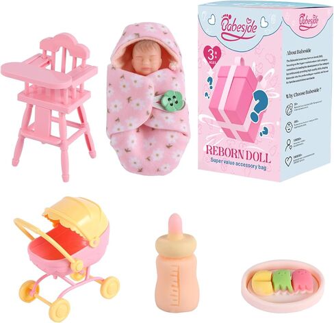 BABESIDE Mini Full Silicone Baby Doll Set – 4.5 Inch Realistic Sleeping Newborn Doll with Feeding Bottle, Stroller, High Chair & Gift Box, Soft Silicone Mini Reborn Baby Toy for Kids Age 3+ in Kuwait