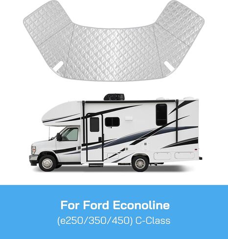 RV Windshield Cover for Ford E450,E350,E250,Econoline,Club Wagon 1997-2025 Motorhome, Class C RV Front Window Sunshade for UV Protection & Privacy Shield, White with Mirror Cutouts in Saudi Arabia