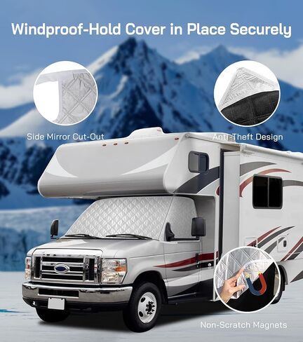 RV Windshield Cover for Ford E450,E350,E250,Econoline,Club Wagon 1997-2025 Motorhome, Class C RV Front Window Sunshade for UV Protection & Privacy Shield, White with Mirror Cutouts in Saudi Arabia