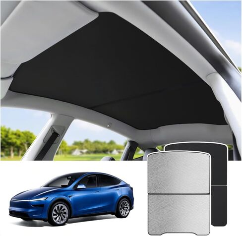 Tesla Model Y Juniper Sunshade Roof 2025-2026، سقف زجاجي بانورامي ظلة عازلة للحرارة للأشعة فوق البنفسجية كتلة فتحة سقف، بدون ترهل قابل للطي طراز Tesla Y Juniper الملحقات الداخلية باللون الأسود in Kuwait