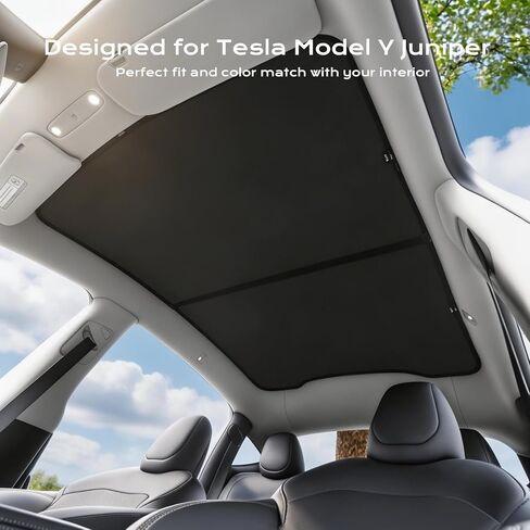 Tesla Model Y Juniper Sunshade Roof 2025-2026، سقف زجاجي بانورامي ظلة عازلة للحرارة للأشعة فوق البنفسجية كتلة فتحة سقف، بدون ترهل قابل للطي طراز Tesla Y Juniper الملحقات الداخلية باللون الأسود in Kuwait