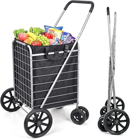 Folding Shopping Cart with Large Front Wheels, Grocery Cart with Waterproof Liner, 360° Swivel Dual Rear Wheels and Double Basket, Heavy Duty Utility Wagon, Perfect for Groceries Laundry Luggage in Saudi Arabia