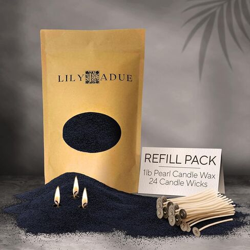 Sand Candle Refill Kit - 1Lb/16Oz Black Pearled Candles Sand and Wicks (24) without Holder, Unscented Aroma Beads, Reusable Powder Pearls Bulk Wax Pearls for Refillable Pearlized Pellet Set in Saudi Arabia